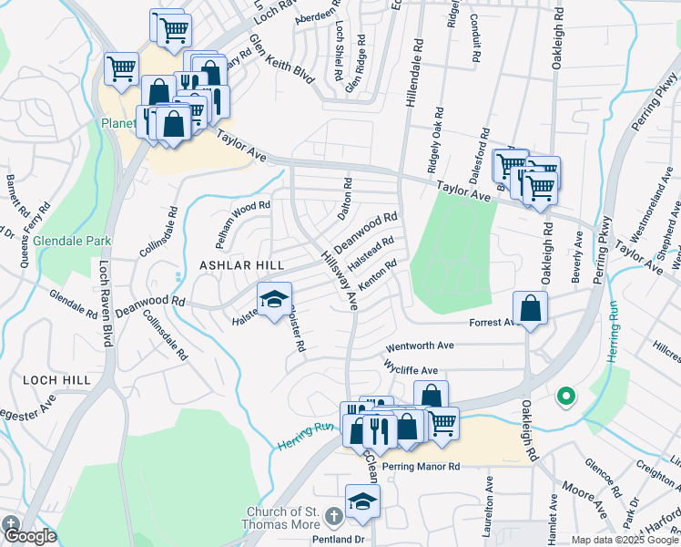 map of restaurants, bars, coffee shops, grocery stores, and more near 1300 Halstead Road in Parkville