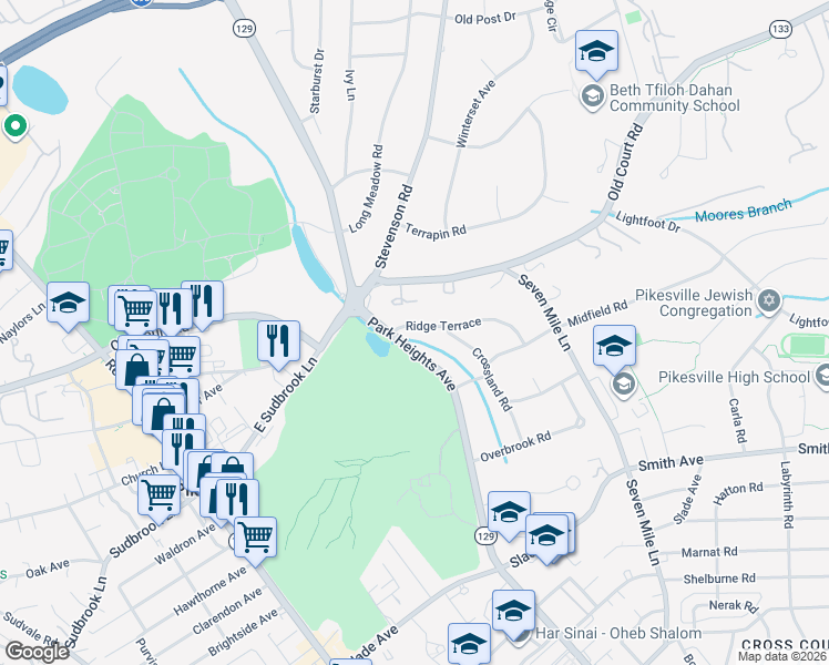 map of restaurants, bars, coffee shops, grocery stores, and more near 7814 Ridge Terrace in Pikesville