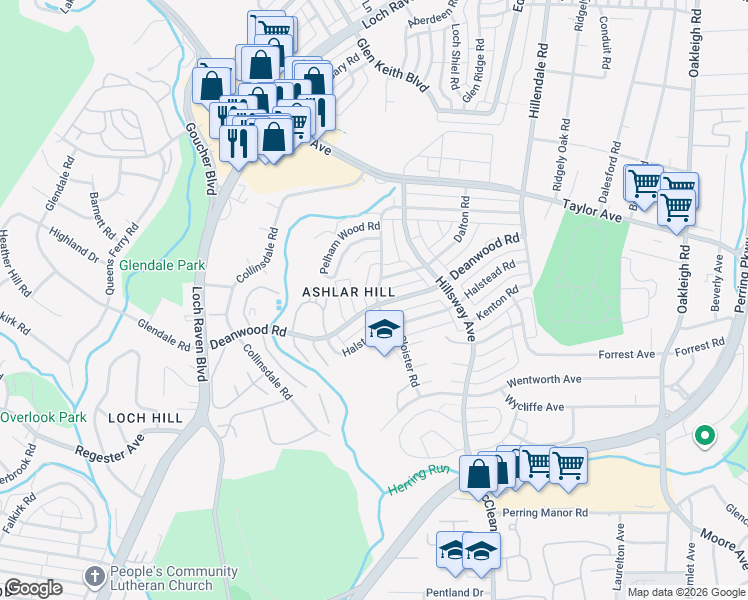 map of restaurants, bars, coffee shops, grocery stores, and more near 1102 Linkside Drive in Parkville