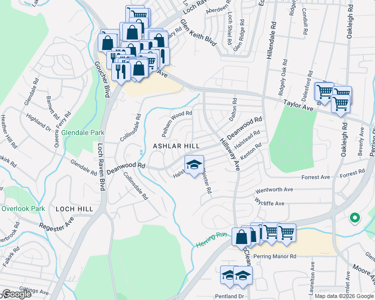 map of restaurants, bars, coffee shops, grocery stores, and more near 1102 Linkside Drive in Parkville