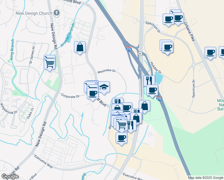 map of restaurants, bars, coffee shops, grocery stores, and more near 7226 Corporate Court in Frederick