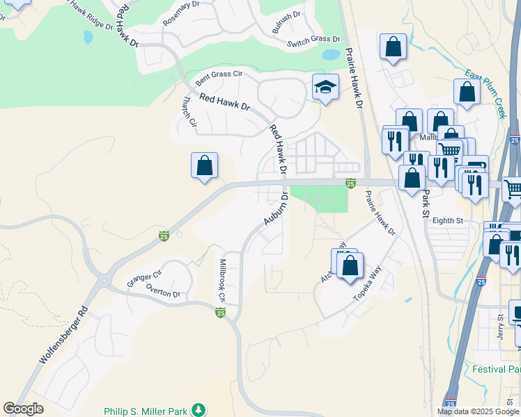 map of restaurants, bars, coffee shops, grocery stores, and more near 1189 Auburn Drive in Castle Rock