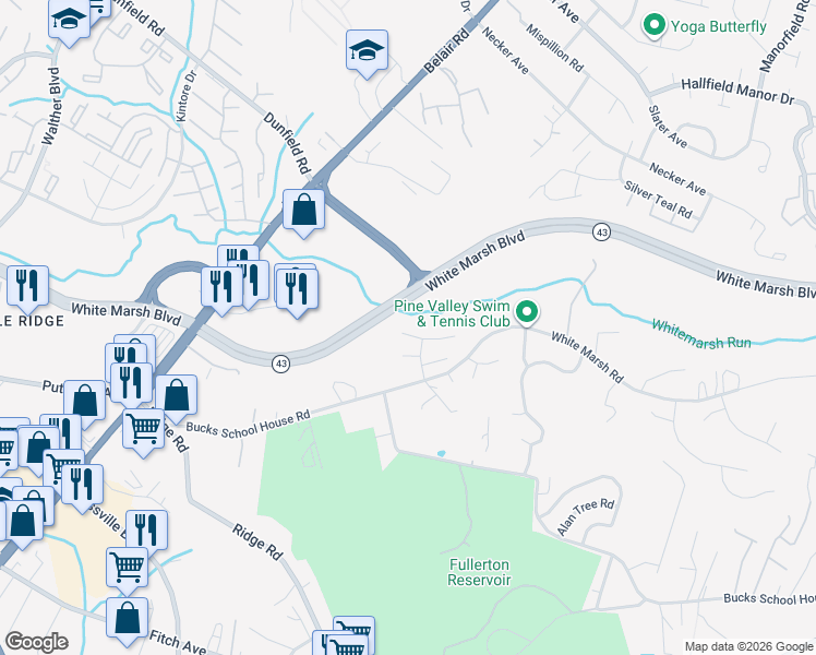 map of restaurants, bars, coffee shops, grocery stores, and more near 8 Hardwood Drive in Rosedale