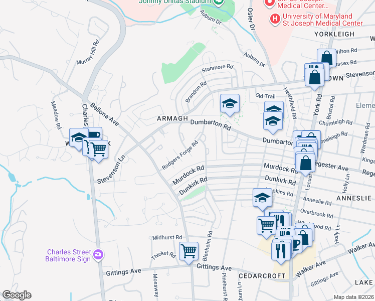 map of restaurants, bars, coffee shops, grocery stores, and more near Rodgers Forge Road in Baltimore
