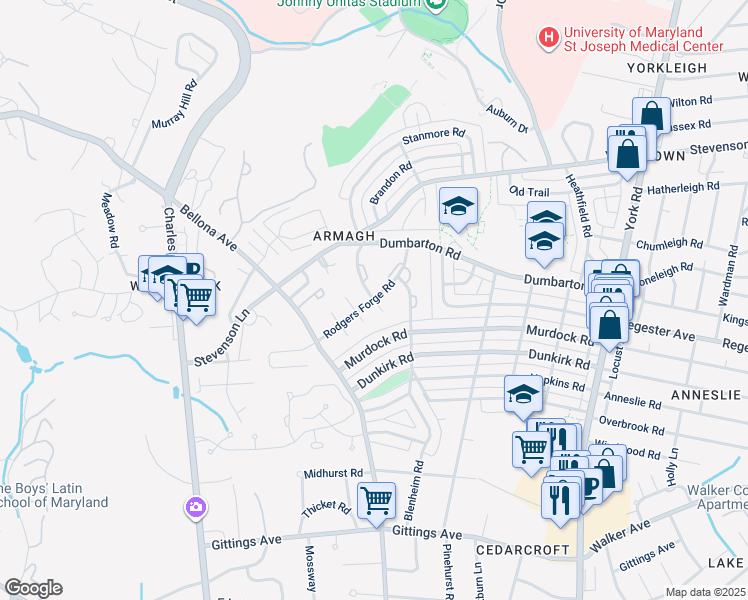 map of restaurants, bars, coffee shops, grocery stores, and more near Rodgers Forge Road in Towson