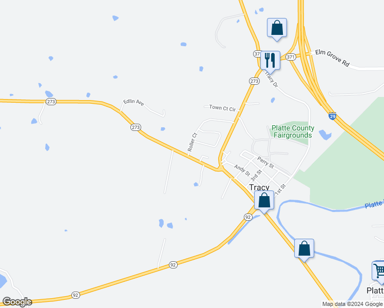 map of restaurants, bars, coffee shops, grocery stores, and more near 133 Roller Court in Platte City
