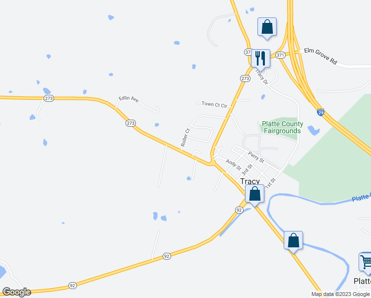map of restaurants, bars, coffee shops, grocery stores, and more near 129 Roller Court in Platte City
