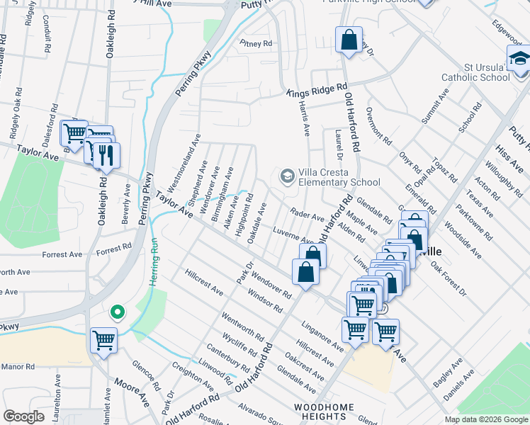 map of restaurants, bars, coffee shops, grocery stores, and more near 7907 Oakdale Avenue in Parkville