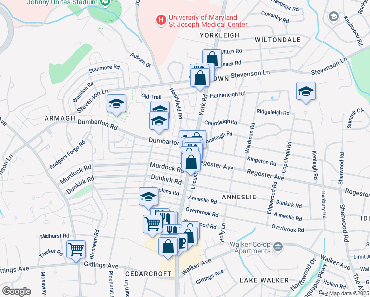 map of restaurants, bars, coffee shops, grocery stores, and more near 425 Dumbarton Road in Baltimore