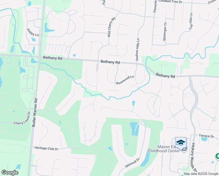 map of restaurants, bars, coffee shops, grocery stores, and more near 6451 Rosewood Lane in Mason