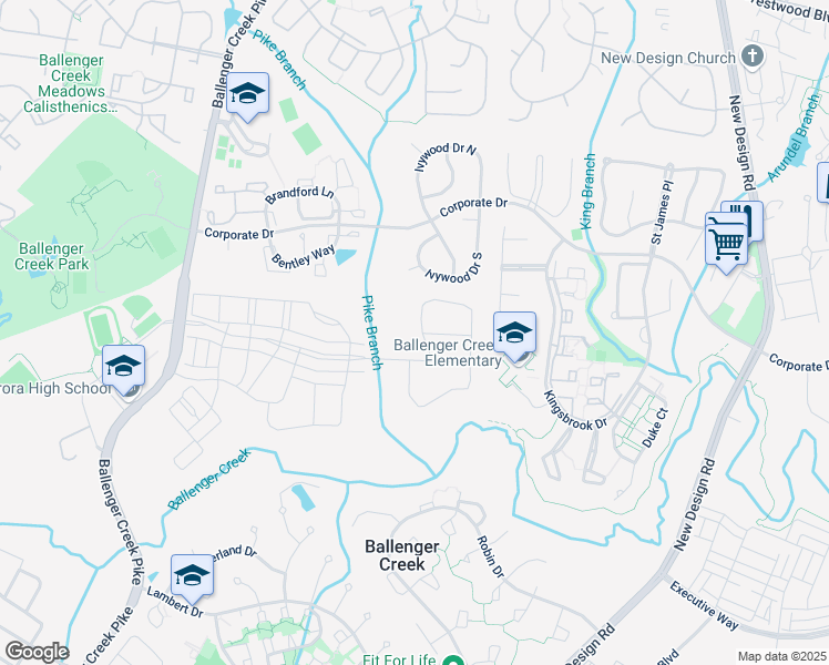 map of restaurants, bars, coffee shops, grocery stores, and more near 5306 Striped Maple Street in Frederick