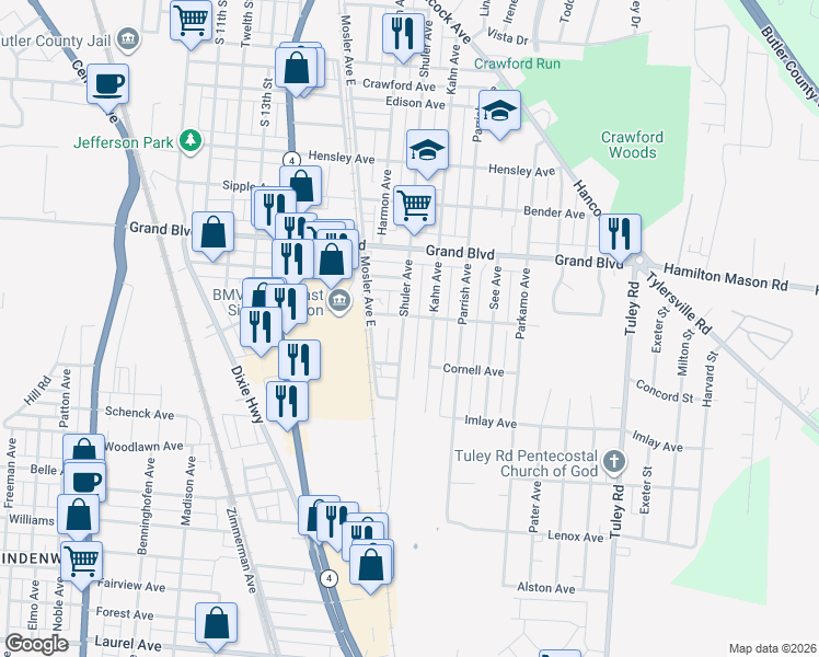 map of restaurants, bars, coffee shops, grocery stores, and more near 1849 Lincoln Avenue in Hamilton