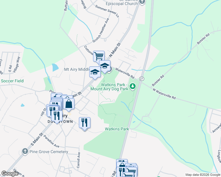 map of restaurants, bars, coffee shops, grocery stores, and more near 102 Watersville Road in Mount Airy