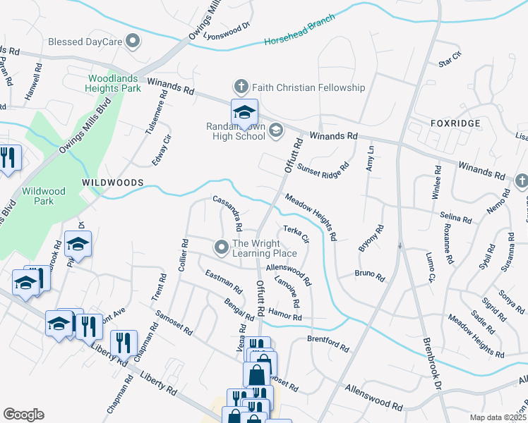 map of restaurants, bars, coffee shops, grocery stores, and more near 3826 Offutt Road in Randallstown