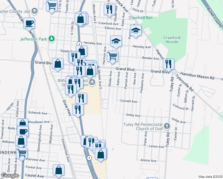 map of restaurants, bars, coffee shops, grocery stores, and more near 1849 Lincoln Avenue in Hamilton