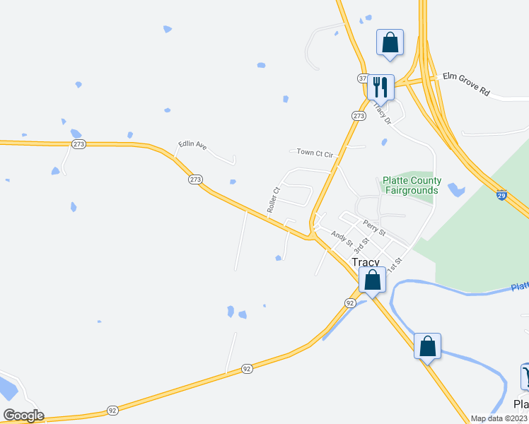 map of restaurants, bars, coffee shops, grocery stores, and more near 136 Roller Court in Platte City
