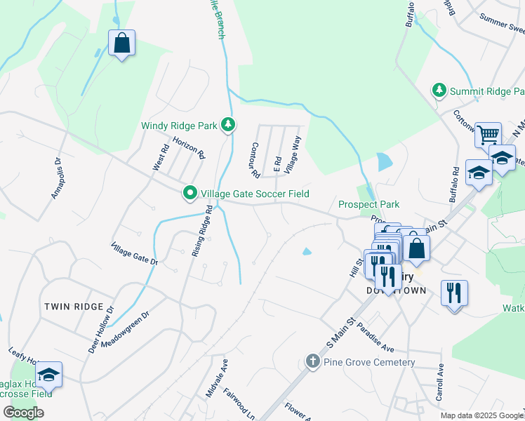 map of restaurants, bars, coffee shops, grocery stores, and more near 1 Heritage Farm Drive in Mount Airy