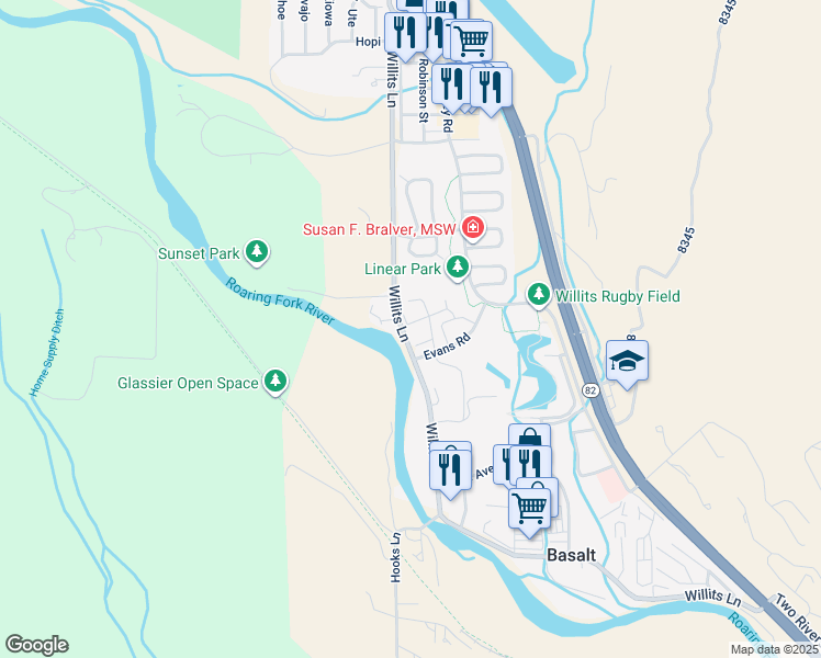 map of restaurants, bars, coffee shops, grocery stores, and more near 622 Evans Court in Basalt