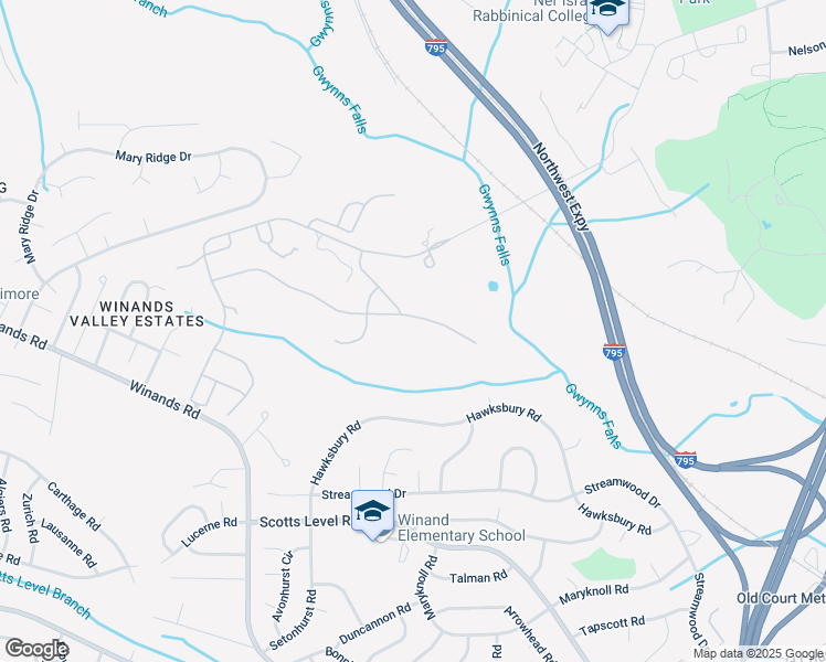 map of restaurants, bars, coffee shops, grocery stores, and more near 8335 Meadowsweet Road in Pikesville