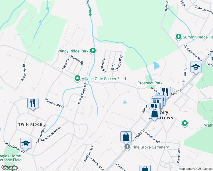 map of restaurants, bars, coffee shops, grocery stores, and more near 1 Heritage Farm Drive in Mount Airy