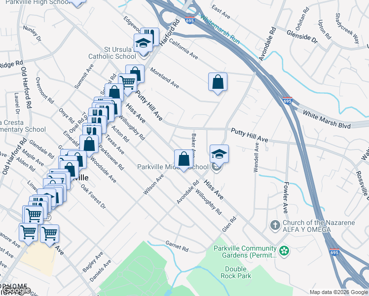 map of restaurants, bars, coffee shops, grocery stores, and more near 3114 Garden Avenue in Parkville