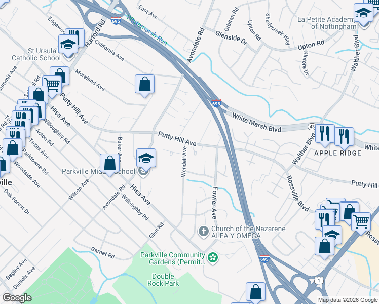map of restaurants, bars, coffee shops, grocery stores, and more near 8722 Wendell Ave in Parkville