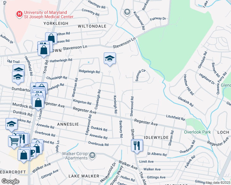 map of restaurants, bars, coffee shops, grocery stores, and more near 7011 Kenleigh Road in Baltimore