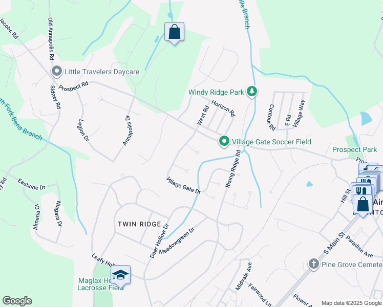 map of restaurants, bars, coffee shops, grocery stores, and more near 1106 Village Gate Court in Mount Airy