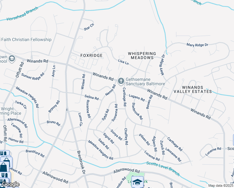 map of restaurants, bars, coffee shops, grocery stores, and more near 3943 Susanna Road in Randallstown