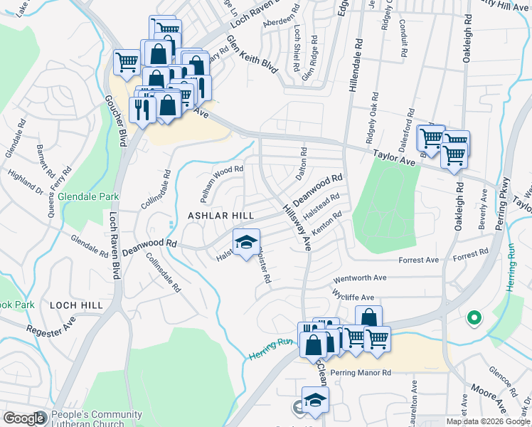 map of restaurants, bars, coffee shops, grocery stores, and more near 1234 Deanwood Road in Parkville