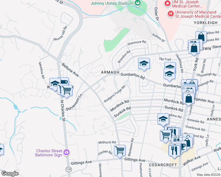 map of restaurants, bars, coffee shops, grocery stores, and more near 228 Rodgers Forge Road in Baltimore