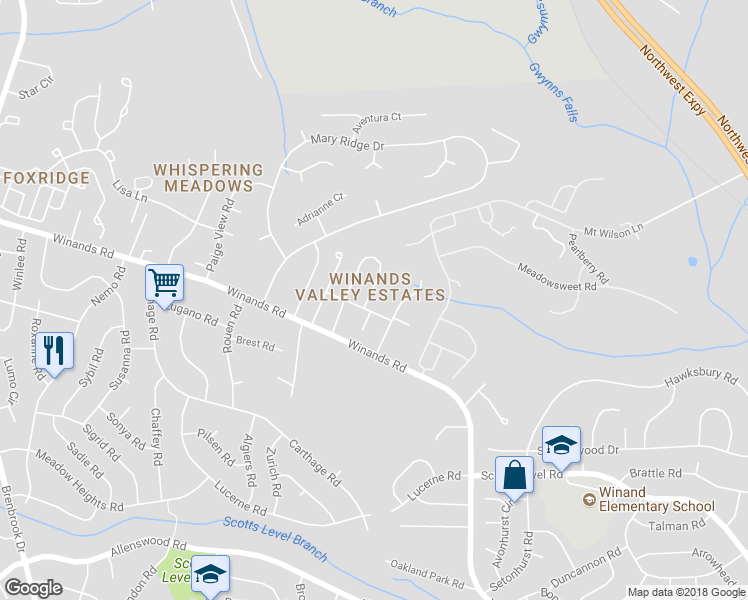 map of restaurants, bars, coffee shops, grocery stores, and more near 4104 Windmill Circle in Randallstown