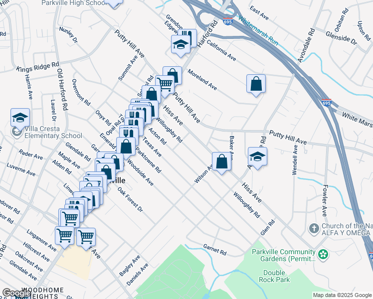 map of restaurants, bars, coffee shops, grocery stores, and more near 3111 Willoughby Road in Parkville
