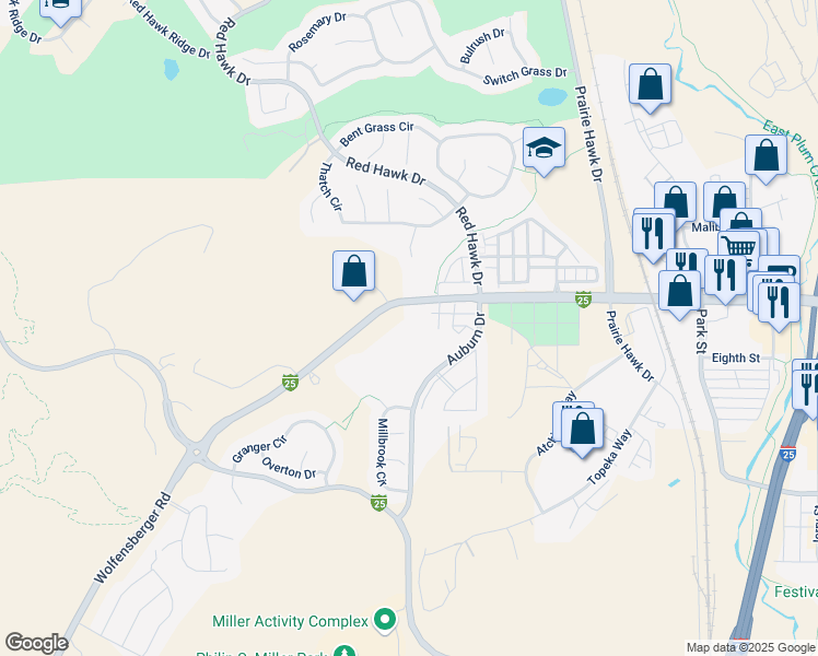map of restaurants, bars, coffee shops, grocery stores, and more near 650 East Wolfensberger Road in Castle Rock