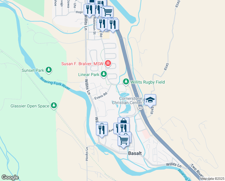 map of restaurants, bars, coffee shops, grocery stores, and more near 202 Evans Road in Basalt