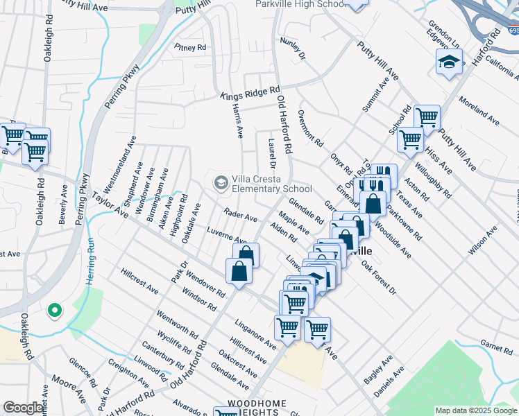 map of restaurants, bars, coffee shops, grocery stores, and more near 2605 John Drive in Parkville
