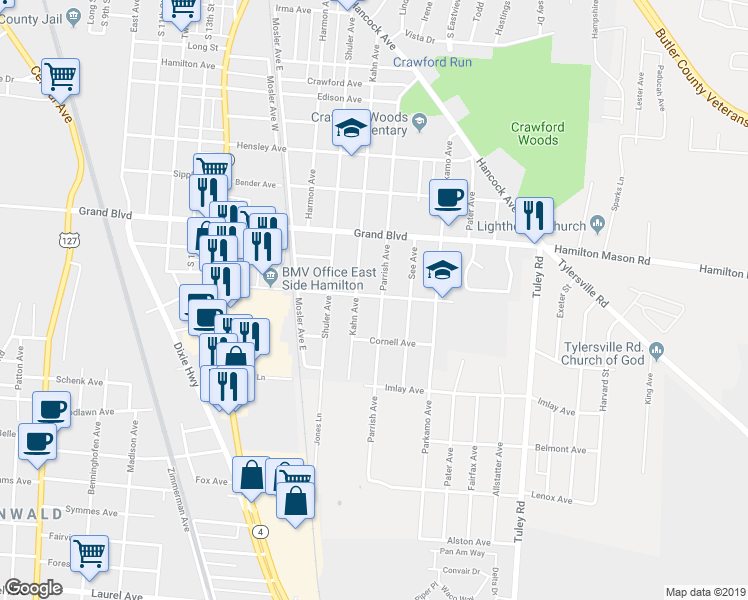 map of restaurants, bars, coffee shops, grocery stores, and more near 1705 Lincoln Avenue in Hamilton