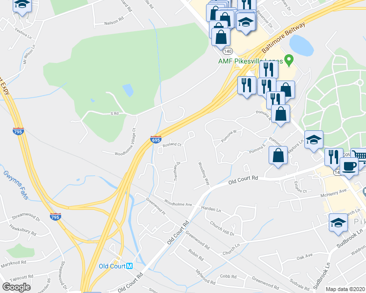 map of restaurants, bars, coffee shops, grocery stores, and more near 1 Rosland Court in Pikesville