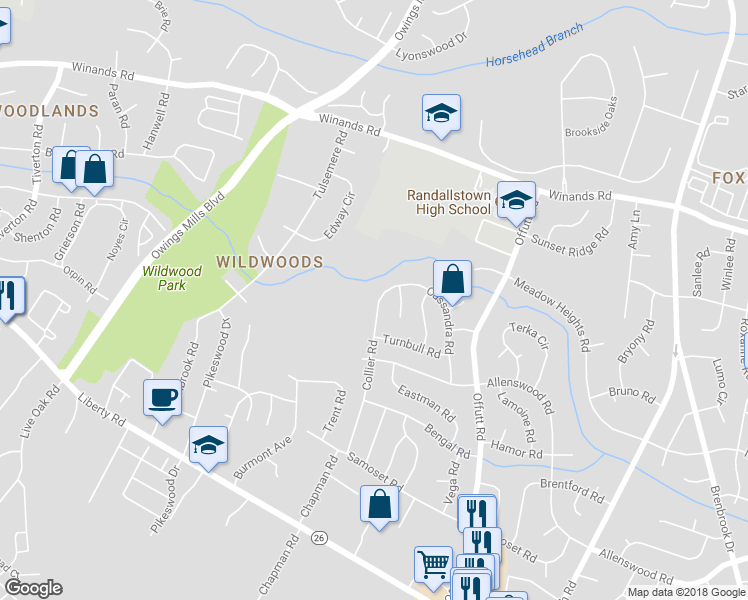 map of restaurants, bars, coffee shops, grocery stores, and more near 3820 Collier Road in Randallstown