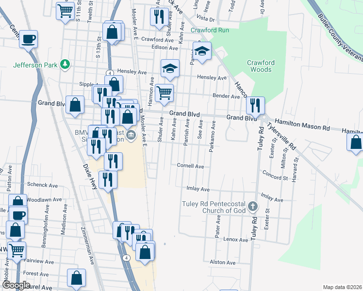 map of restaurants, bars, coffee shops, grocery stores, and more near 1705 Lincoln Avenue in Hamilton