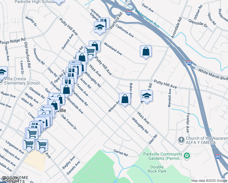 map of restaurants, bars, coffee shops, grocery stores, and more near 3121 Hiss Avenue in Parkville