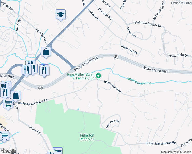 map of restaurants, bars, coffee shops, grocery stores, and more near 4628 White Marsh Road in Rosedale