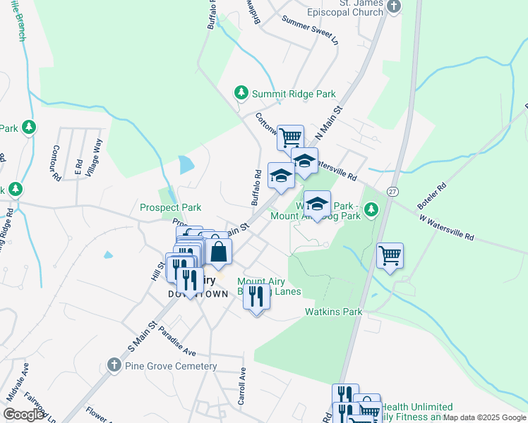 map of restaurants, bars, coffee shops, grocery stores, and more near 317 North Main Street in Mount Airy