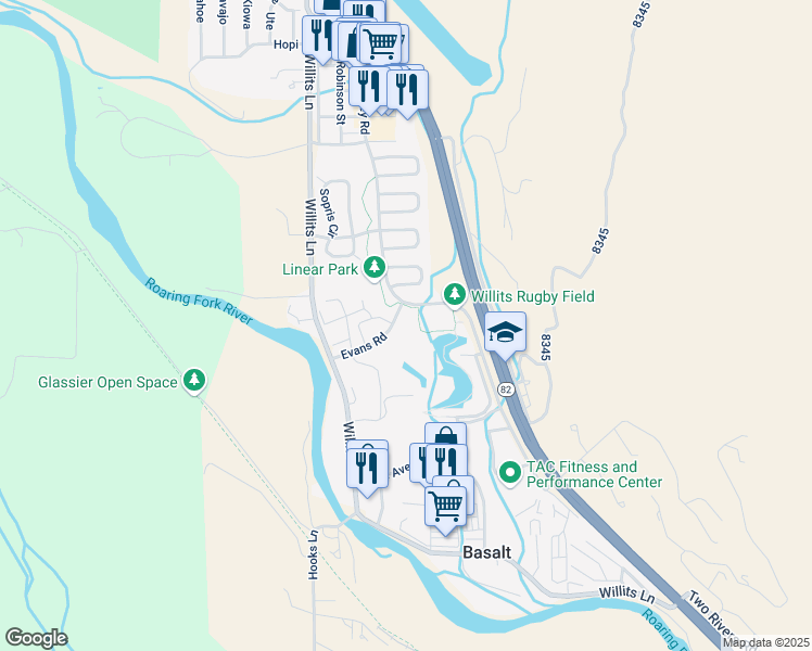 map of restaurants, bars, coffee shops, grocery stores, and more near 202 Evans Road in Basalt