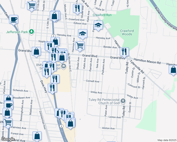 map of restaurants, bars, coffee shops, grocery stores, and more near 1705 Lincoln Avenue in Hamilton