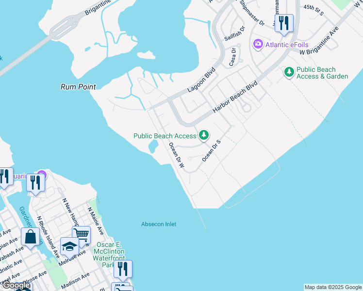 map of restaurants, bars, coffee shops, grocery stores, and more near 5215 Seaspray Road in Brigantine