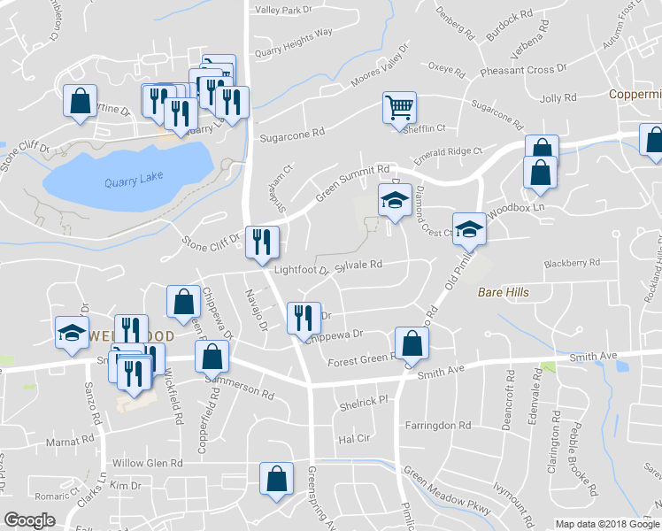 map of restaurants, bars, coffee shops, grocery stores, and more near 2416 Lightfoot Drive in Baltimore