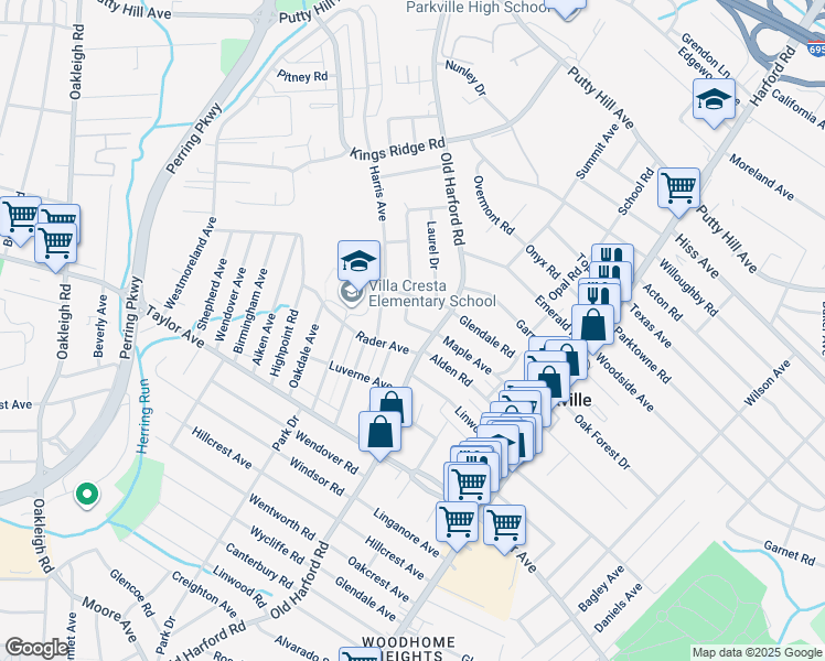 map of restaurants, bars, coffee shops, grocery stores, and more near 2605 John Drive in Parkville