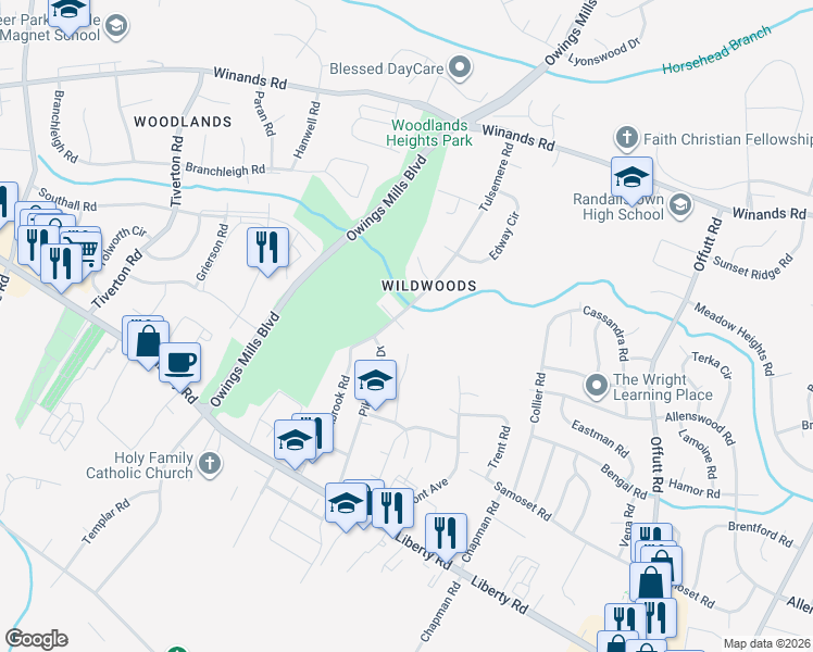 map of restaurants, bars, coffee shops, grocery stores, and more near 9420 Allenswood Road in Randallstown
