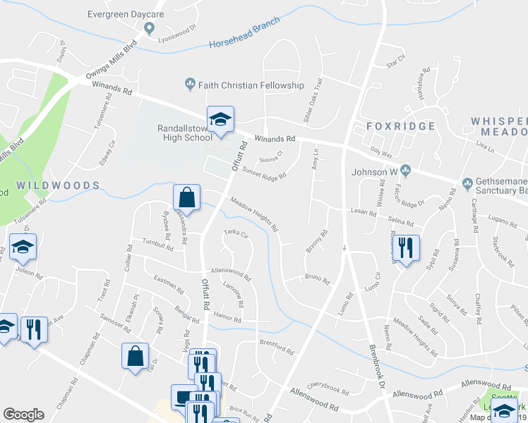 map of restaurants, bars, coffee shops, grocery stores, and more near 9064 Meadow Heights Road in Randallstown